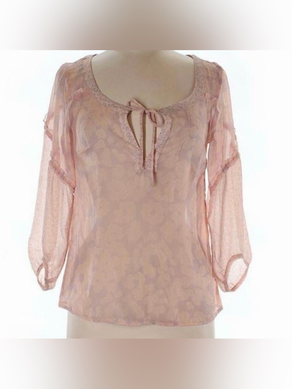 American Eagle Sheer Pink Boho Peasant Blouse Tie Neck Lace Medium